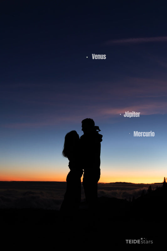 Observación de alineación planetaria con Venus, Júpiter, Mercurio y la Luna desde el Teide al atardecer